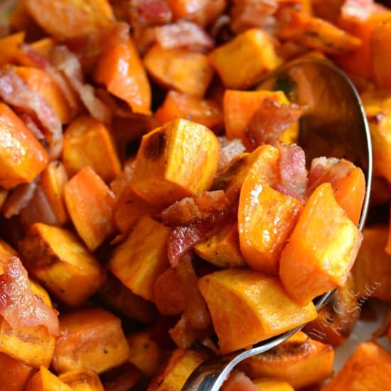 MAPLE BACON ROASTED SWEET POTATOES - Recipe photo by WillCookForSmiles