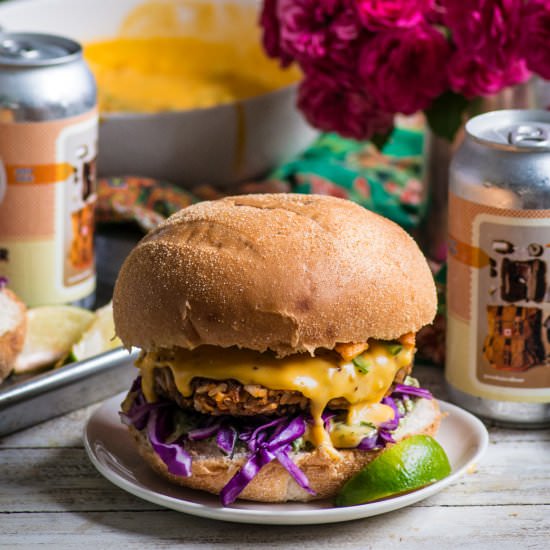 Chipotle Pinto Burgers with Queso - Recipe photo by rhubarbandcod