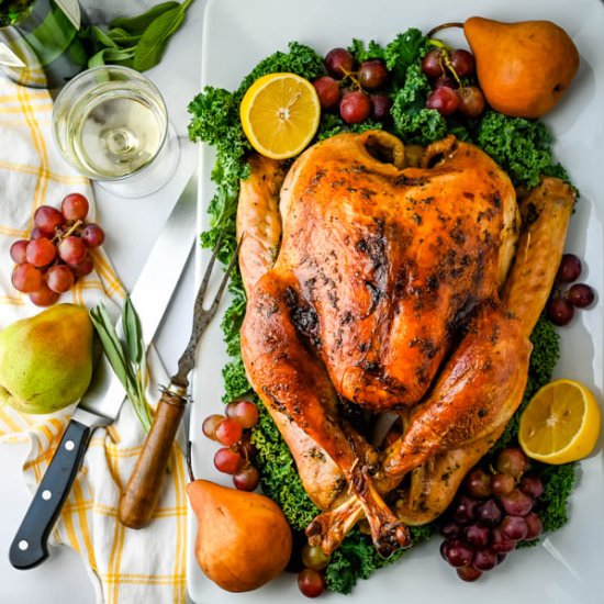Bourbon Maple Brined Roast Turkey - Recipe photo by garlic and zest
