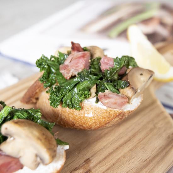 Kale, ham, button mushroom crostini - Recipe photo by foodmakesmehappy