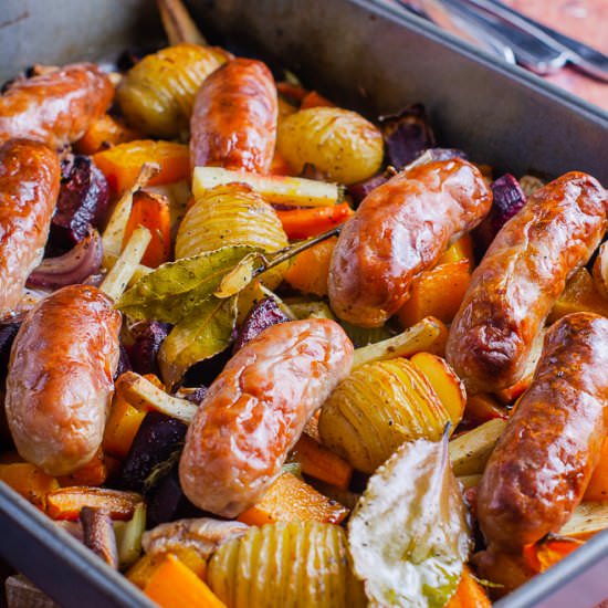 Sticky Sausage Traybake - Recipe photo by lostinf00d