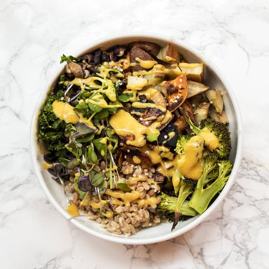 Farro, Sweet Potato, Broccoli Bowl - Recipe photo by Plentyfullvegan