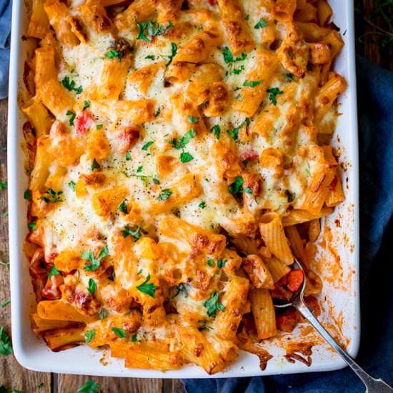 Cheesy Pasta Bake + Chicken/Bacon - Recipe photo by KitchenSanctuary