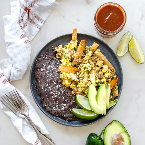 Migas with Chorizo and Poblanos - Recipe photo by SweetCayenne
