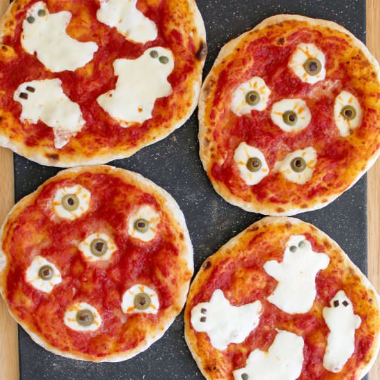 Ghost and Eyeball Halloween Pizzas - Recipe photo by ThursdayNightPizza