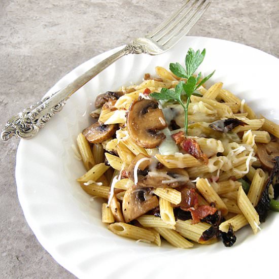 Pasta with Bacon Mushrooms Tomatoes - Recipe photo by delightfulrepast
