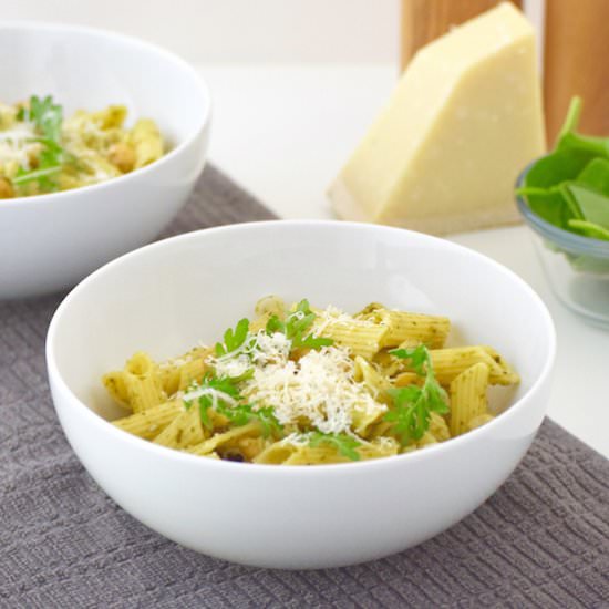 pesto pasta with chickpeas & greens - Recipe photo by justtoclaireify