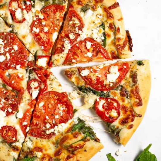 Tomato Pizza with Spinach & Feta - Recipe photo by Midwest Foodie