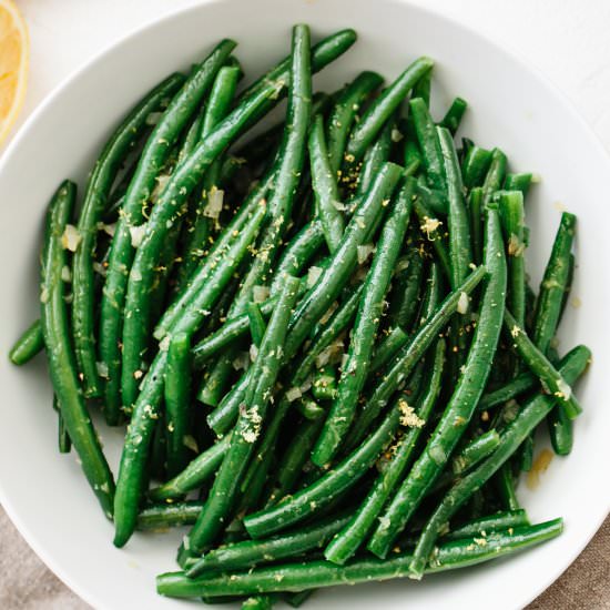 Green Beans with Lemon and Shallots - Recipe photo by Downshiftology