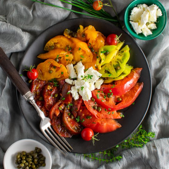 Caper-Feta Heirloom Tomato Salad - Recipe photo by a meal in mind