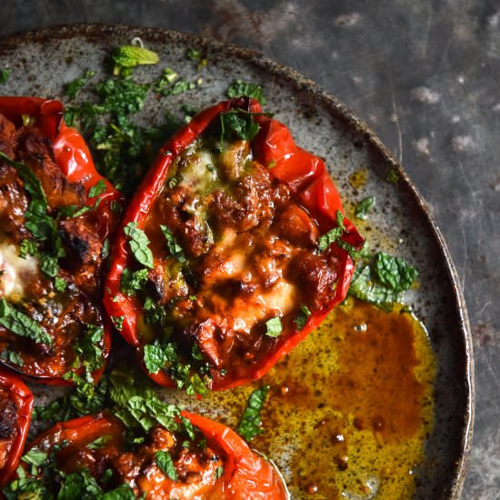 Vegetarian mince stuffed capsicums - Recipe photo by georgeats