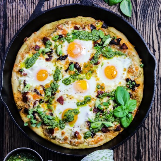 skillet breakfast pesto pizza - Recipe photo by Give it Some Thyme