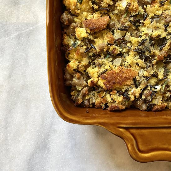 Wild Rice and Cornbread Stuffing - Recipe photo by thirstyradish