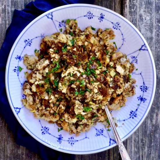 Mushroom-Sausage Stuffing - Recipe photo by simmerandsauce