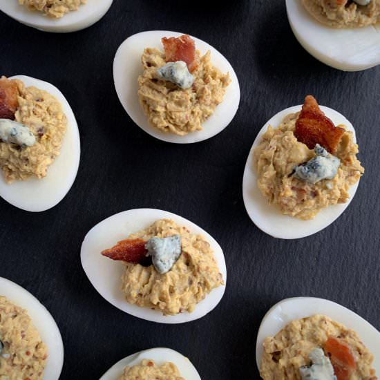 Bacon & Blue Deviled Eggs - Recipe photo by Red Fermented Grapes
