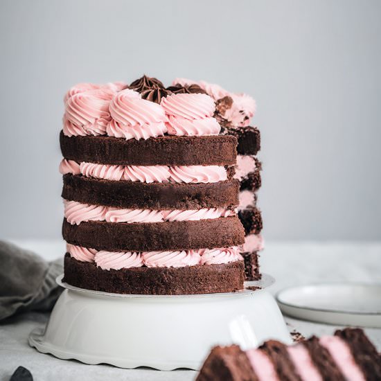 Chocolate naked cake with pink IMBC - Recipe photo by Sweetly Cakes