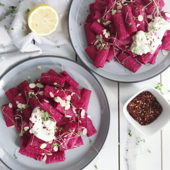 beet pasta with creamy burrata - Recipe photo by the communal feast