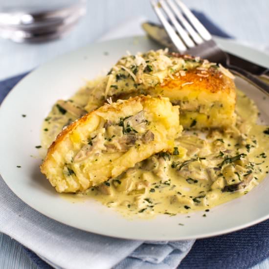 Mushroom-stuffed cheesy potato cake - Recipe photo by Becca @ Easy Cheesy Vegetarian