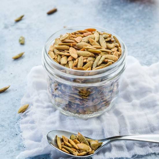 Toasted Garlicky Pumpkin Seeds - Recipe photo by cleanfooddirtygirl