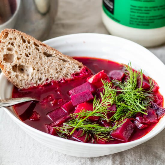 Beet, Cabbage, and Bean Borscht - Recipe photo by upbeetkitchen