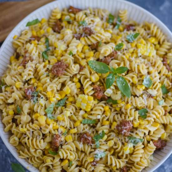 Creamy Rotini with Corn & Sausage - Recipe photo by Alifedelicious