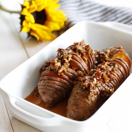Maple Pecan Hasselback Sweet Potato - Recipe photo by Chef Ani