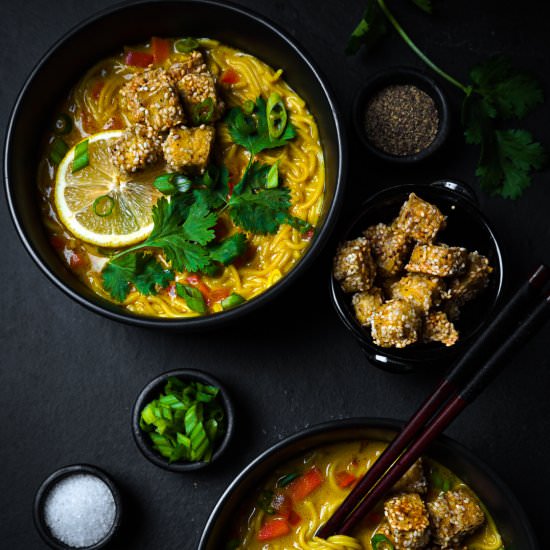 Coconut Curry Soup w/ Sesame Tofu - Recipe photo by Liv Vegan Strong