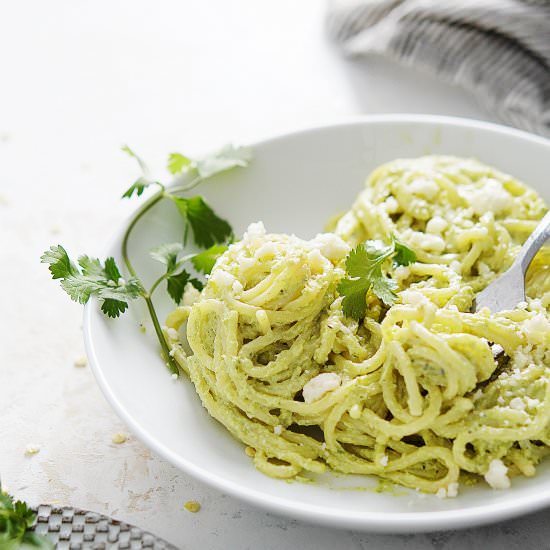 Spaghetti Verde (poblano sauce) - Recipe photo by Muy Delish