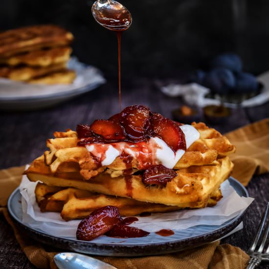Easy waffles with roasted plums - Recipe photo by twosisterslivinglife