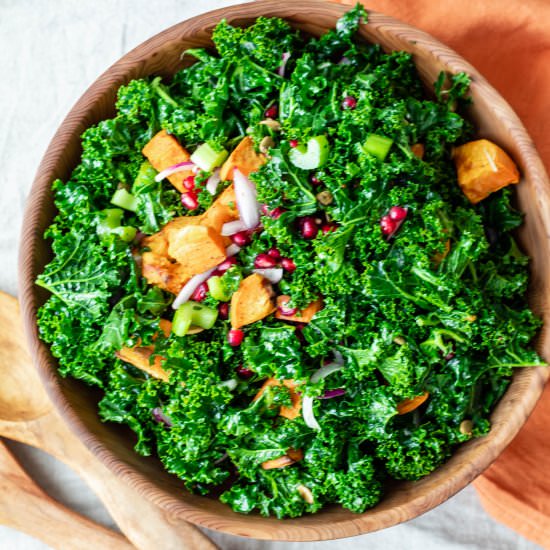 Festive Kale Salad with Pomegranate - Recipe photo by upbeetkitchen