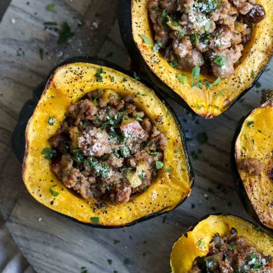 Sausage Stuffed Acorn Squash - Recipe photo by Howe We Live