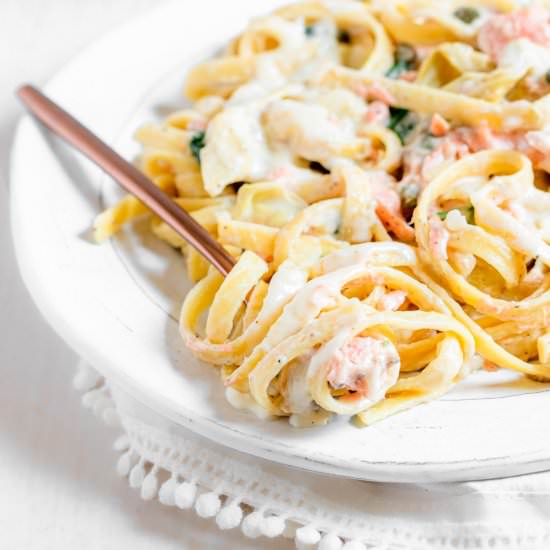 Spinach Artichoke Salmon Fettuccine - Recipe photo by SprinklesandSeaSalt