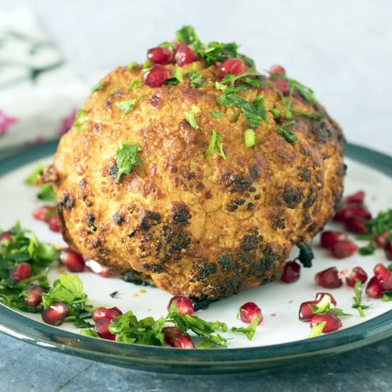 Harissa whole roasted cauliflower - Recipe photo by Mandy Sneaky Veg