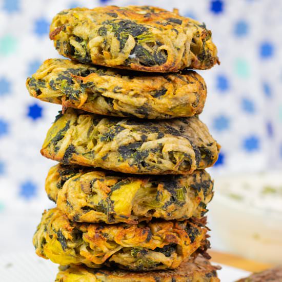 Oil-free Spinach Artichoke Latkes - Recipe photo by Zardyplants