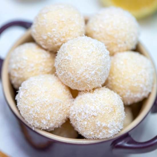 Keto Lemon Coconut Cheesecake Bombs - Recipe photo by peasandpeonies