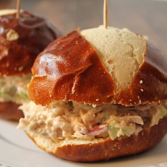 Chicken Salad on a Pretzel Bun - Recipe photo by SimplyHappenings