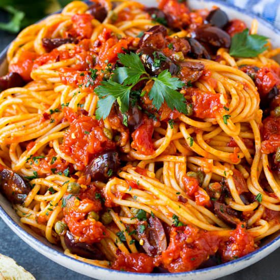 Pasta Puttanesca - Recipe photo by dinneratthezoo