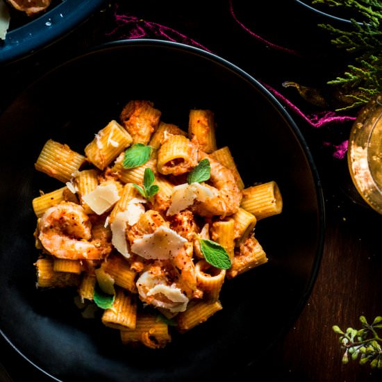Shrimp Rigatoni w Crab Vodka Sauce - Recipe photo by rhubarbandcod