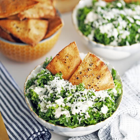Parmesan Kale Salad with Pita Chips - Recipe photo by Yay For Food