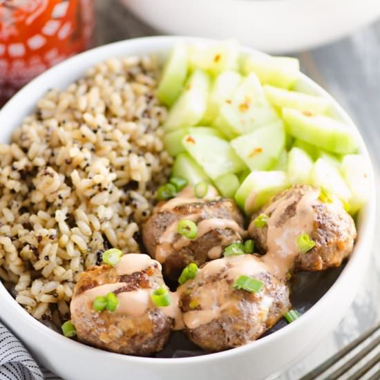 Honey Sriracha Meatball Bowl - Recipe photo by The Creative Bite