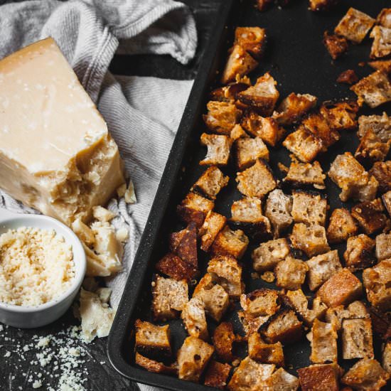 Parmesan & Garlic Sourdough Croutons - Recipe photo by breadandbasil