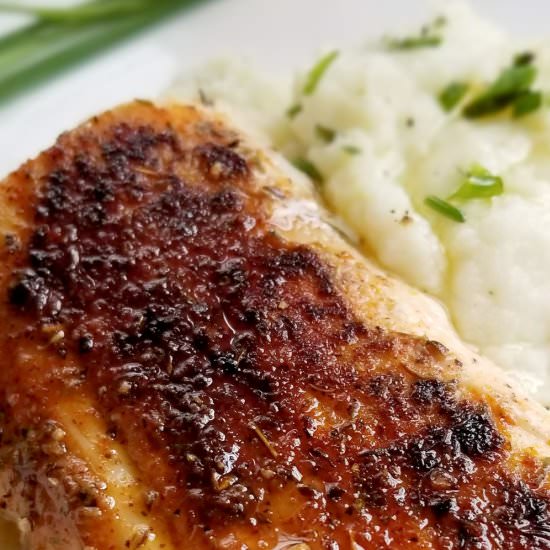 blackened mahi and cauliflower mash - Recipe photo by forkfreedom