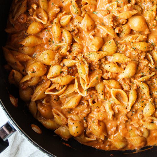 VEGETARIAN CREAMY BEEF & SHELLS - Recipe photo by xoandso