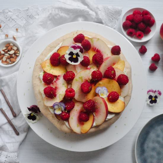 Peach Melba Almond Meringue Gateau - Recipe photo by Mrs Jones Kitchen