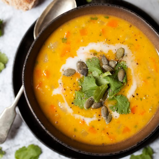 Vegan Carrot Lentil Coriander Soup - Recipe photo by littlesugarsnaps