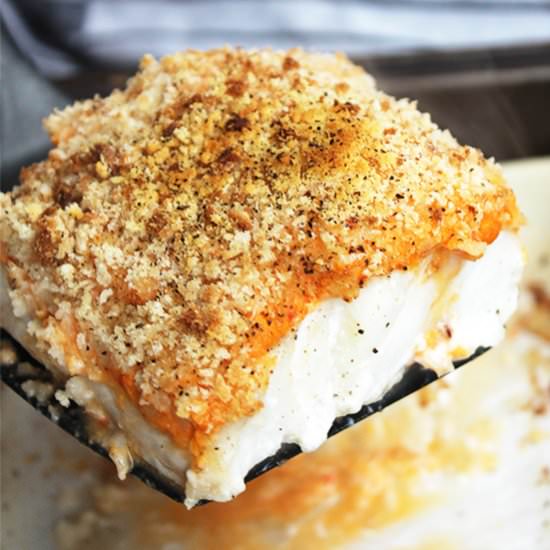Crispy Baked Cod with Red Pesto - Recipe photo by SlowThe CookDown