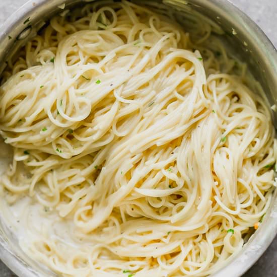 Creamy Garlic Parmesan Pasta - Recipe photo by cookingforkeeps