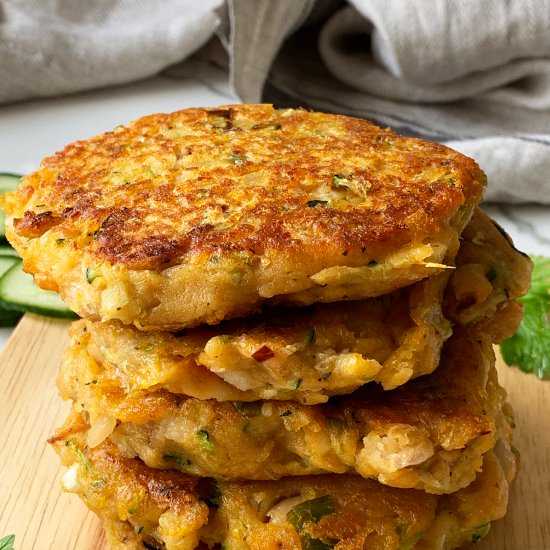 Sweet Potato & Zucchini Fritter - Recipe photo by Plant Based Folk