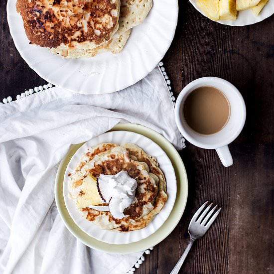 Bruleed Pineapple Coconut Pancakes - Recipe photo by ONEarmedMAMA