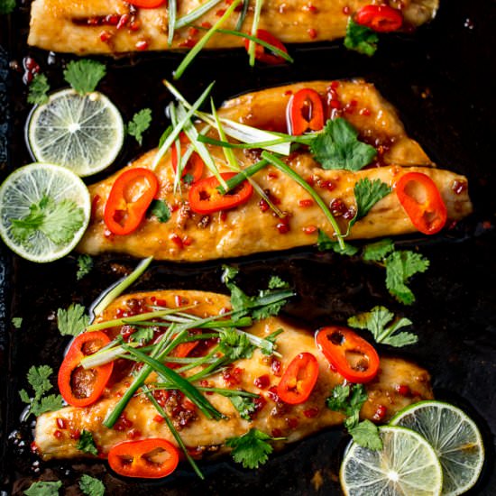 12 minute Sticky Asian Sea Bass - Recipe photo by KitchenSanctuary